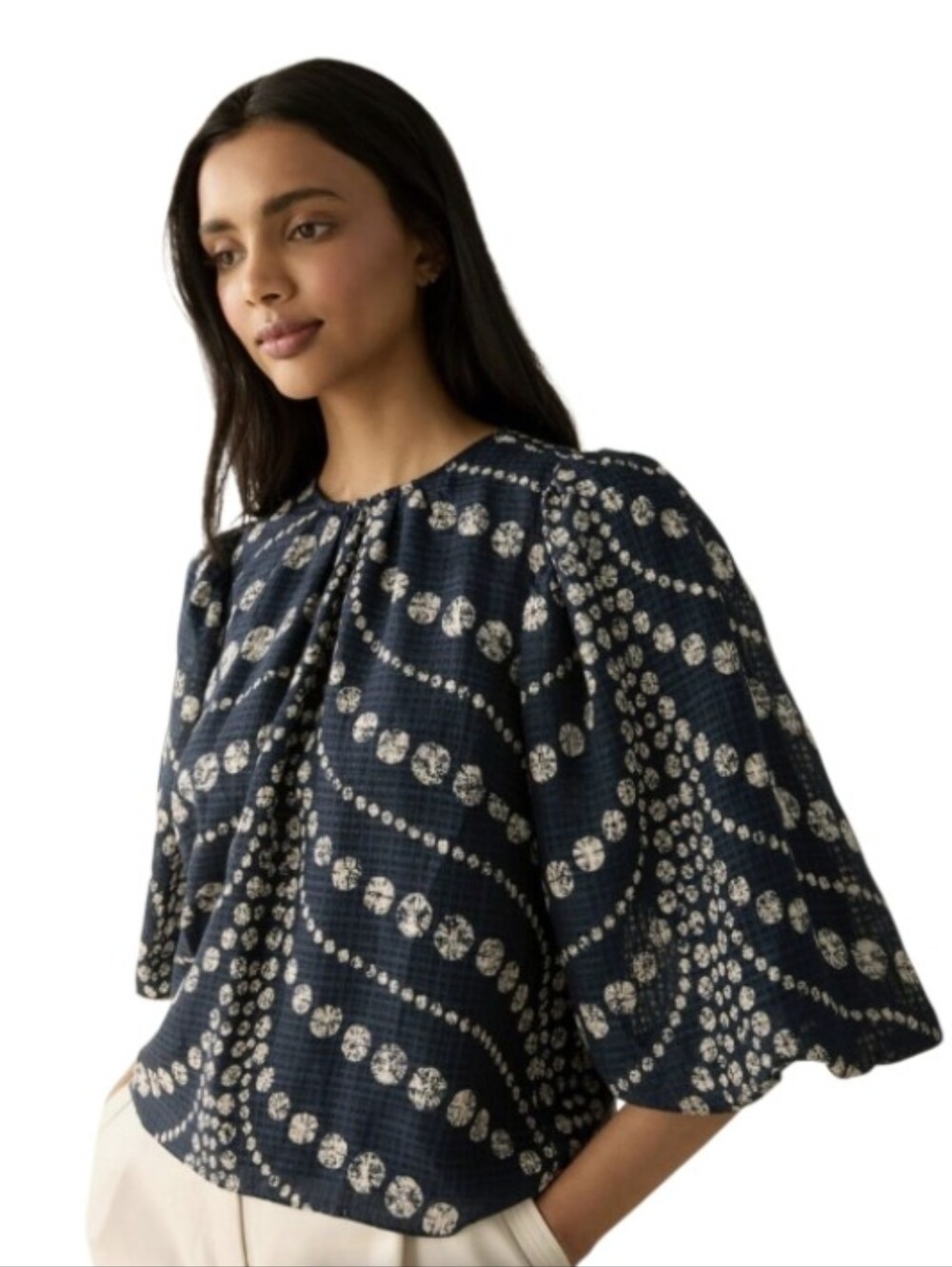Marie Oliver XS Luxe Boho Blouse Navy and Cream Bell Sleeve Linen & Viscose